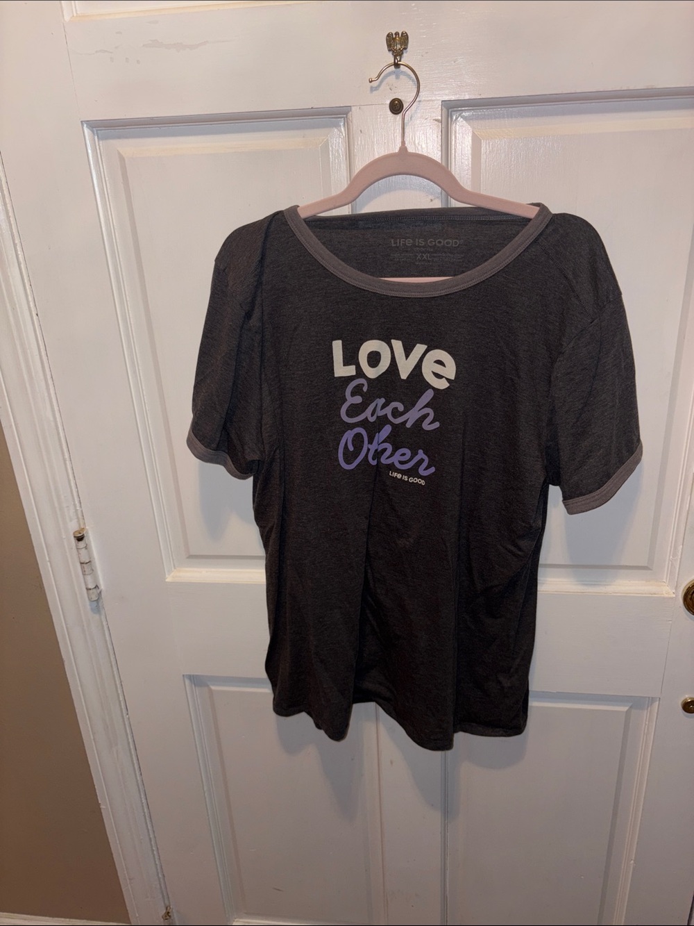 Life Is Good Charcoal Tee with Purple & White "Love Each Other" Graphic